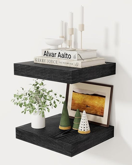 Fun Memories 12 Inch Floating Shelf, Rustic Wood Wall Shelves for Wall Decor & Storage, 12 x 12 Floating Shelf for Living Room, Bathroom, Bedroom, Black, Set of 2