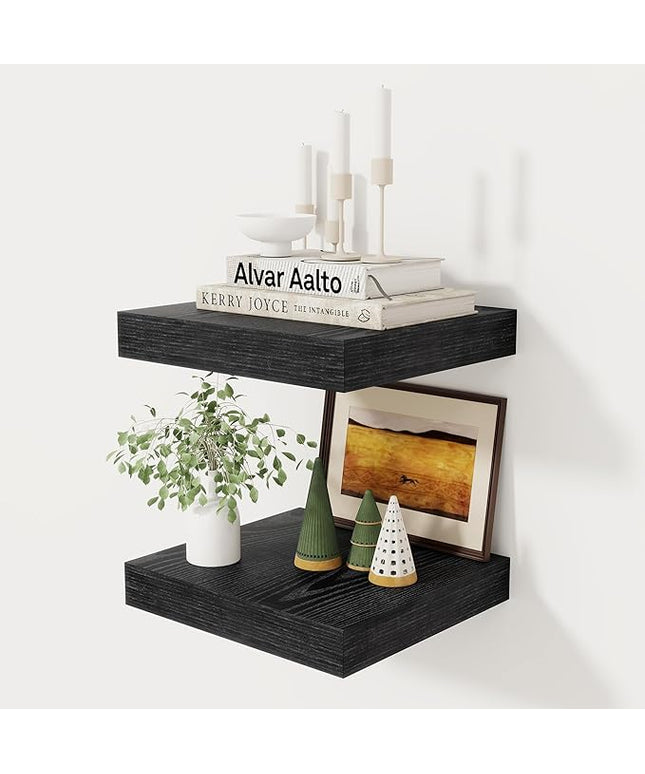 Fun Memories 12 Inch Floating Shelf, Rustic Wood Wall Shelves for Wall Decor & Storage, 12 x 12 Floating Shelf for Living Room, Bathroom, Bedroom, Black, Set of 2