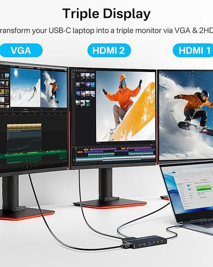 USB C Docking Station Dual HDMI Monitor, Laptop Docking Station 3 Monitors, 2 * 4K HDMI+1080p VGA+100W PD+Ethernet+3 USBC 10Gbps+SD/TF+Audio Adapter, USB C Hub for Dell/Lenovo/HP/ThinkPad(Black)