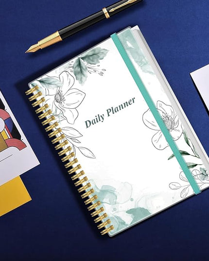 Daily Planner Undated - A5 To Do List Notebook Hourly Schedules, Spiral Appointment Planner for Women and Men, PVC Hardcover, Inner Pocket, Elastic Closure, 5.8" x 8.3", Teal Flowers