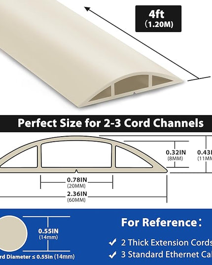 4ft Cord Covers for Wires on Floor, LZEOY Extension Floor Cable Cover, Beige Floor Cable Management, Hide Cord Cover Floor, Electrical Cable Hider Cord Protector Floor, Cable Cavity: 0.78" W x 0.32" H