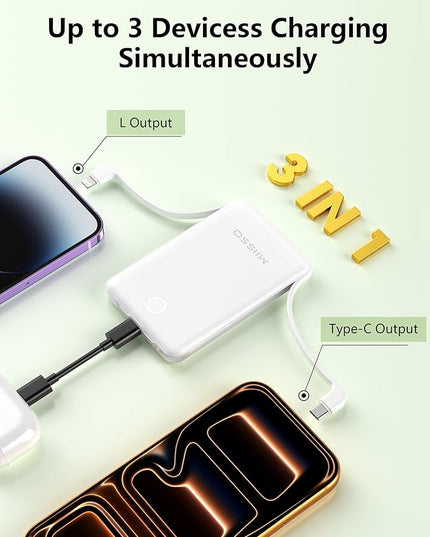 10000mAh Mini Portable Charger with Built in Cable, Pocket Size Power Bank Travel External Battery Pack for Phone, 3 Output USB Type C Cord Clutch Compatible with iPhone, Samsung,2 Pack Purple & White