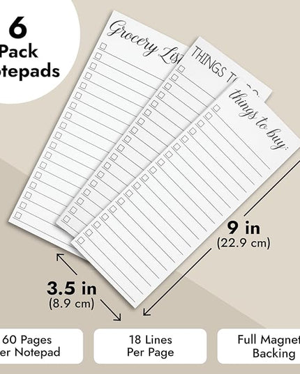 Paper Junkie Grocery & Shopping List Magnetic Notepad for Fridge - 6-Pack Slim Notepads, 3.5 x 9 In, 60 Sheets per Pad, White Magnetic Backing - Checkboxes for To-Do & Grocery Items