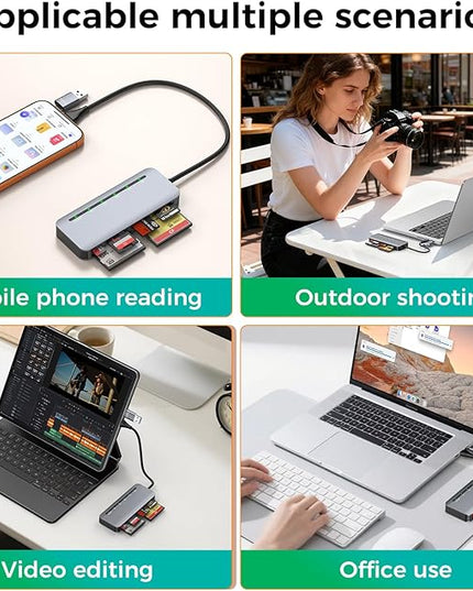 CFast Card Reader 6-in-1, USB 3.0 Multi Card Reader for CFast/CF/SD/TF/XD/MS, Simultaneous Read 6 Cards, 5Gbps High-Speed Data Transfer, Aluminum, Compatible with MacBook, Windows, PC, iPhone 17-15