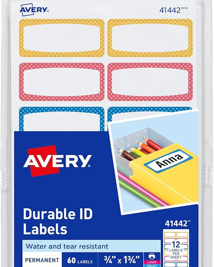 Avery Durable Labels for Kids' Gear, 3/4" x 1-3/4", Assorted Border Colors, Water-Resistant Labels, 60 Total (41442)