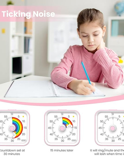 InfPokid Visual Timer for Kids with Pause Function, Cute Silent Timer with Rainbow for Classroom, Teaching, Task, Kitchen, 60 Minute Countdown Time Management for ADHD (Rainbow Pink)