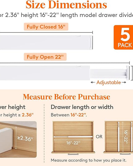 Lifewit 5 Pack Kitchen Drawer Dividers 2.36" High, 16"-22" Adjustable Drawer Organizer for Utensils/Clothes/Makeup, Plastic Expandable Separators in Dresser/Bedroom/Bathroom/Office Storage
