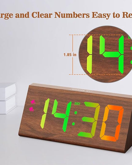Wooden Digital Alarm Clock with Dual USB Charging Ports, DST, Dimmable, Snooze, RGB Colors, Modern Large Time Display LED Clock for Kids Bedrooms, Living Room, Desk, Table, Bedside, Nightstand (Brown)