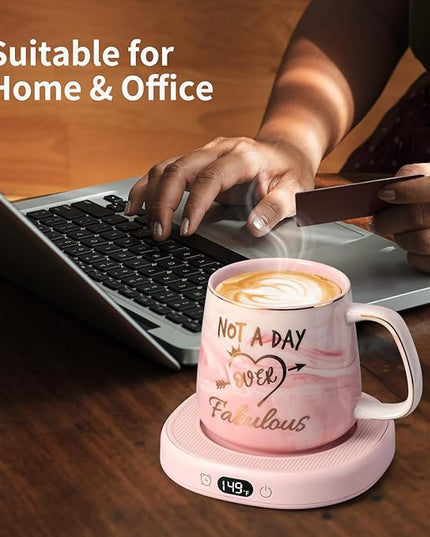 Coffee Mug Warmer & Not A Day Mug Set, Coffee Cup Warmer for Desk, 4 Temperature Setting, Smart Electric Beverage Warmer for Coffee, Tea, 8-Hours Auto Shut Off