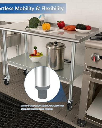 HARDURA Stainless Steel Table 24 x 48 Inches with Wheels Casters NSF Heavy Duty Commercial Prep Table with 2” Backsplash and Adjustable Undershelf for Restaurant Kitchen Home and Hotel