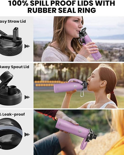 Insulated Water Bottle 24oz, Triple Wall Vacuum Stainless Steel (Cold for 48 Hrs, Hot for 24Hrs), Leak Proof & Non-BPA, 24oz Hydro Water Flask with Paracord Handle & Straw Spout Lids
