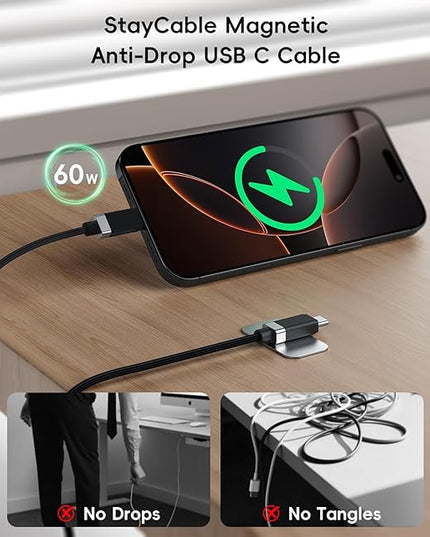 Magtame 2Pack USB C to USB C Cable 5FT, StayCable 60W Fast Charging Type-C Cable with Anti-Drop Magnetic Holder for Bedside, Desk, Car, Compatible with iPhone 17/16, Laptop