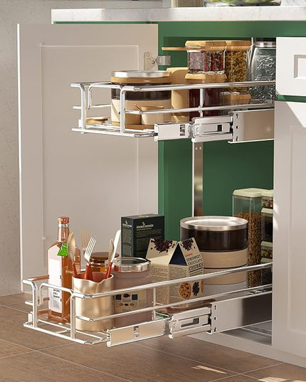 LOVMOR 2 Tier Individual Pull Out Cabinet Organizer 9" W x 21½" D, Slide Out Kitchen Cabinet Storage Sliding Shelves