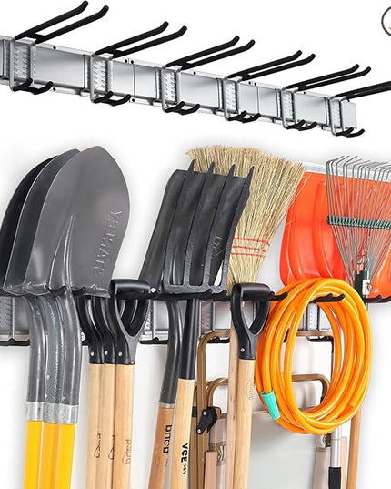 Wall Mount Tool Storage Rack, Garage Organization, Heavy Duty Garage Storage Tool Organizer, Garden Tool Wall Hooks and Hangers, Hold Up to 350lbs Grey