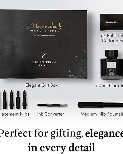 Ellington Pens Luxury Calligraphy Set – Premium Fountain Pen with 6 Nibs, 6 Bottle, 6 Cartridges, Converter, and Elegant Gift Box – Perfect for Calligraphers, Writers, Gifting