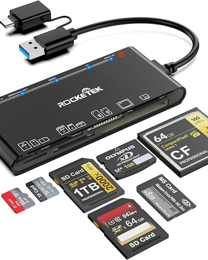 xD-Picture Card Reader USB 3.0, Memory Card Reader for xD/CF/MS/SD/TF Card - 7-in-1 Card Reader/Adapter for Windows, Mac, iOS, Android(USB-A + USB-C)
