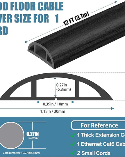 Floor Cord Covers for Wires 12FT Cable Hider Wire Cover Self Adhesive Cord Hider Floor for Offices, Homes, Workshops, Warehouses Cable Cavity 0.39" W x 0.27" H