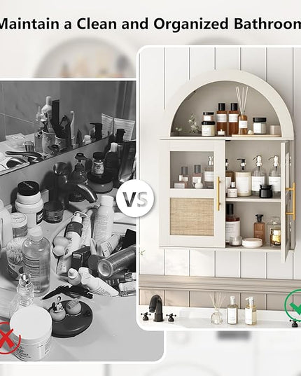 RUSTOWN Arched Bathroom Wall Cabinet, Rattan Medicine Cabinet with 2 Glass Doors, Farmhouse Over The Toilet Storage Cabinets with Adjustable Shelves, 3-Tier Wall Mounted Cabinets