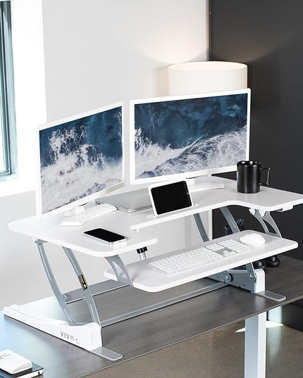 VIVO 42 inch Height Adjustable Stand Up Desk Converter, V Series, Quick Sit to Stand Tabletop Dual Monitor Riser Workstation, White, DESK-V000VLW