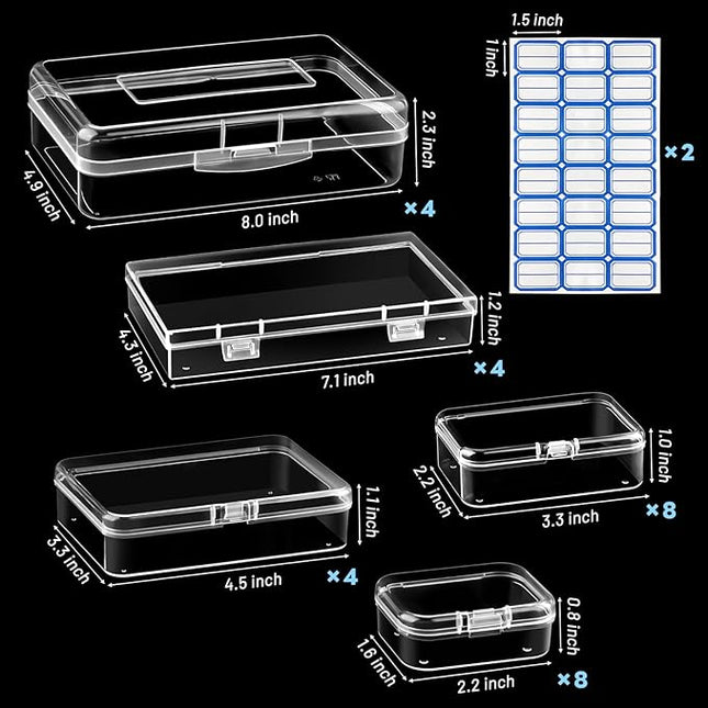 28 Pack Mixed Sizes Small Plastic Storage Containers, Mini Rectangular Small Items Organizer Boxes with Hinged Lids and Labels for Craft Jewelry Beads