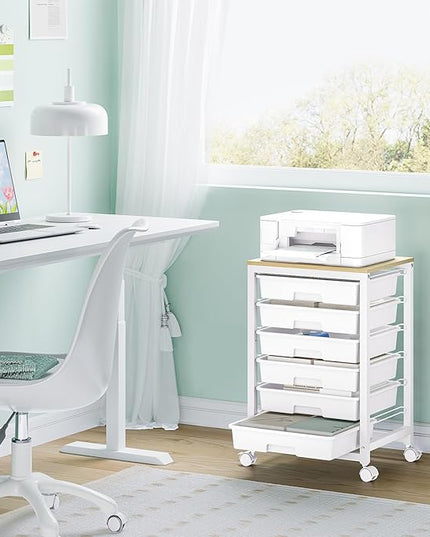 Rolling Storage Utility Cart with 6 Drawers and Wooden Tabletop for Under Desk Storage,White