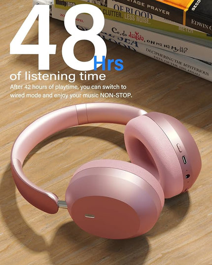 Wentronic Y05 Bluetooth Headphones Wireless Over Ear Noise Cancelling with Microphone 48 Hours Playtime, High Sound Quality Foldable Soft Earpads Headphones for Travel-Pink