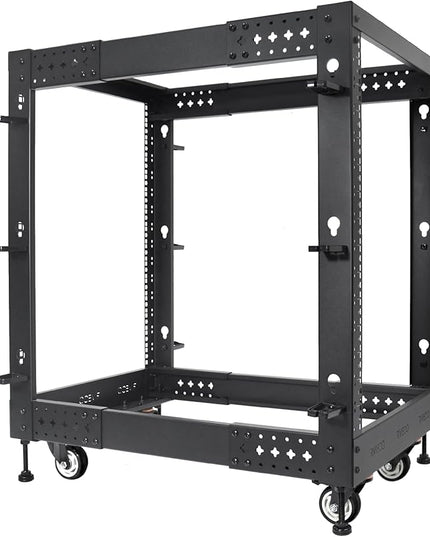 RIVECO 15U Server Rack Adjustable Depth Network 4 Post Cabinet Open Frame with Leveling Feet & Wheels Fully Rivets 1400 LBS