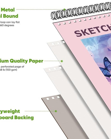 Soucolor 9" x 12" Cute Sketch Book, Aesthetic Cute Preppy Stuff School Supplies, 1-Pack 100 Sheets Spiral Bound Girls Sketchbook, (68lb/100gsm) Acid Free Drawing Book Paper Sketching Pad