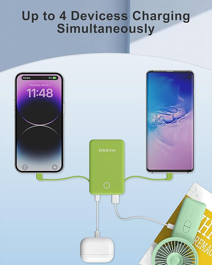 miisso 6000mah Ultra Slim Built in Cables Power Bank, Card Size Built in USB C Cords Battery Pack Portable Charger for Phones, 3 Output External Battery Pack Compatible with iPhone, Deep Green