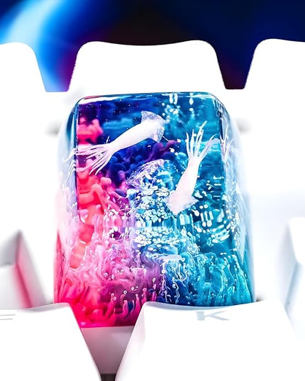 Squid Artisan Keycap Pink Blue Coral Reef R1 SA Profile Custom Sea Creatures Keycaps 1U ESC Handmade Gaming Ocean Resin Key Cap Cherry MX Switch Compatible Mechanical Keyboard Squid Lover Gift