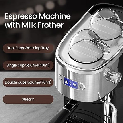 Espresso Machine 20 Bar, Professional Stainless Steel Coffee Maker with LCD Display, Steam Wand, 45oz Removable Water Tank, for Espresso, Cappuccino, Latte at Home or Office, Black