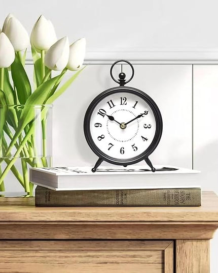 MACVAD Vintage Black Table Clock on Stand, Decorative Desk and Shelf Clock，Decorative Battery Operated Table Top Clock for Living Room，Silent Non-Ticking(Small)