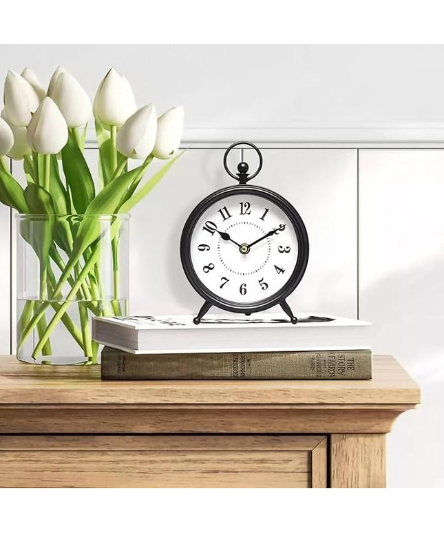MACVAD Vintage Black Table Clock on Stand, Decorative Desk and Shelf Clock，Decorative Battery Operated Table Top Clock for Living Room，Silent Non-Ticking(Small)