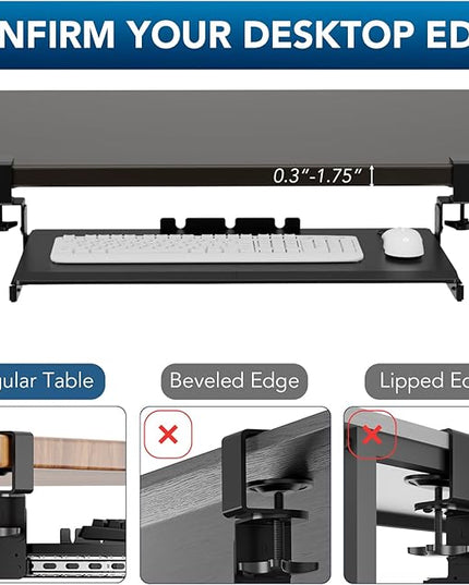 AX WABER Keyboard Tray Under Desk Pull Out with Extra Sturdy Adjustable C Clamp Mount System, 27.3 (32.5 inch Including Clamps) x 11 Inch Slide-Out Platform Computer Drawer for Typing, Black,AX01WB01