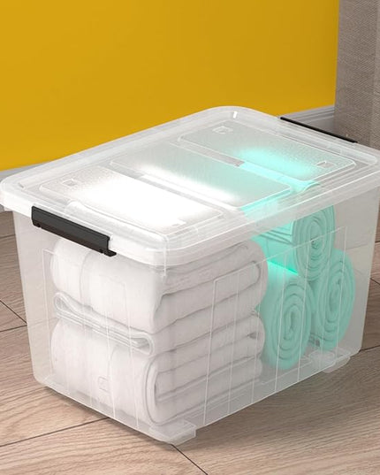 70 Quart 4 Pack Plastic Storage Bins with Latch Lids and Wheels, Clear Large Latching Storage Container