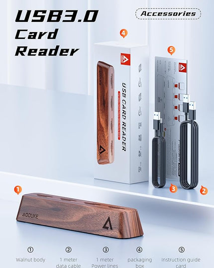 8-Port USB 3.0 SD Card Reader, Walnut Wood Design 5Gbps Data, Simultaneous Support to Micro SD/TF3.0 and SD3.0 Card Read and Write (Compatible UHS-I/II Card)-AST43M