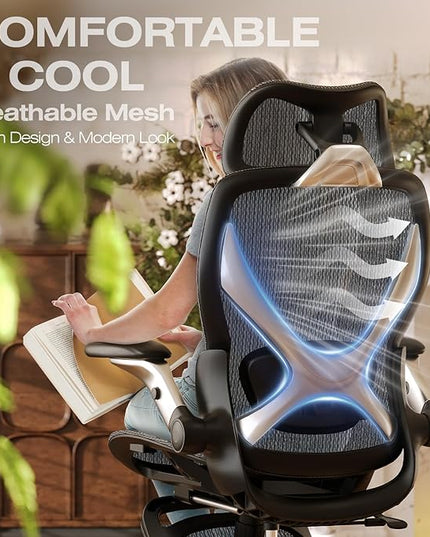 ELABEST X100 Ergonomic Mesh Office Chair with Footrest, Big and Tall Hone Desk Chair with 5D Flip-Up Arms, Adjustable 3D Lumbar Support,Gaming & Executive Computer Chairs for Long Hours(Midnight Mist)