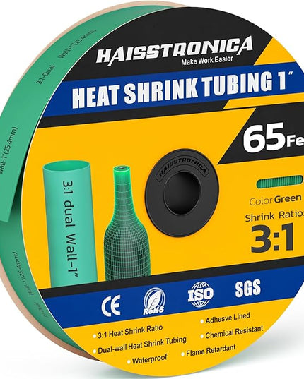 haisstronica 3:1 Heat Shrink Tubing, Shrink Ratio Adhesive Lined Marine Grade Heat Shrink Tube for Home, Automotive and Industrial (Green) 65FT 1inch