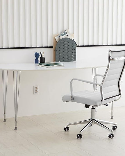 Livinia Modern Executive Office Desk Chair, Chrome & Leather Conference Room Swivel Chairs with Ribbed High Back, Adjustable Height, Removable Armrest, and Wheels for Home Office (White(Chrome))