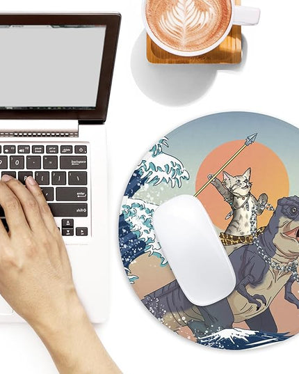 Cat and Dinosaur Round Mouse Pad,Funny Small Mouse Pad with Non-Slip Rubber Base,Mouse Mat,Home Office Decor Desk Accessories,8.7inch Round Mouse Pad