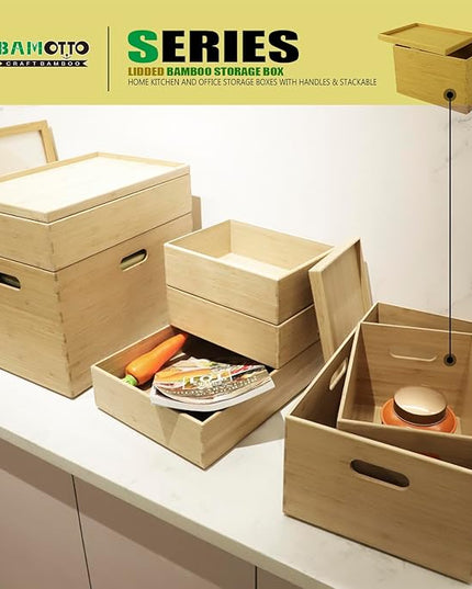 BAMOTTO Lidded Bamboo Storage Bins & Box/Cube/Basket, Home Kitchen and Office Storage Boxes with Handles & Stackable for Organizer Tableware, Clothing, Toys, Office Shelf Books, 10.2”x7.3”x6.5”