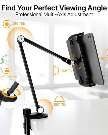 Tablet Stand Holder-Adjustable iPad Desk Mount with 360° Rotating Base for 6.3-16" Devices-Foldable Aluminum ipad Arm Mount for Desk,Bed,Kitchen-Compatible with iPhone,iPad,Tablet,Portable Monitor