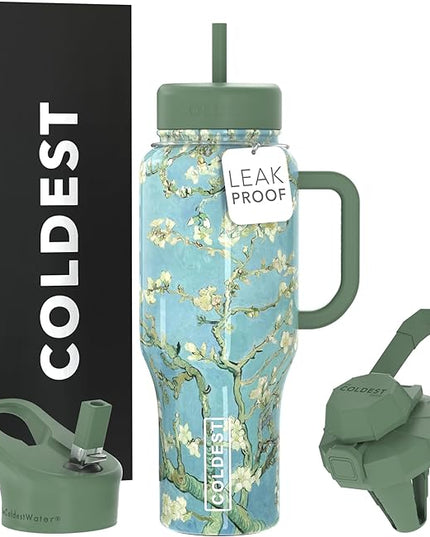 Coldest Tumbler with Handle and Straw - 100% Spill Proof Tumbler with Straw (3 Lids) - Stainless Steel Insulated Leakproof Tumblers for Women & Men - 36 oz (Almond Blossom)