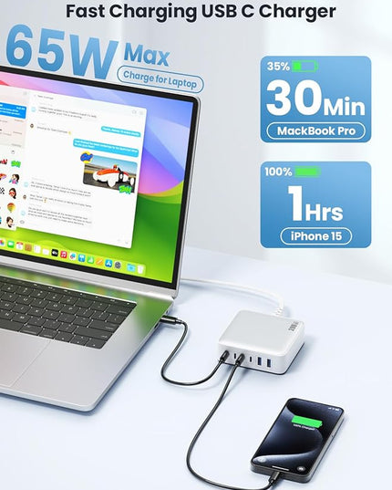 USB C Charger Block 200W[2025 Upgraded] GaN III 6 Port Fast Charging Station Hub,PD 65W USB C Laptop Charger Compatible with MacBook Pro/Air,iPad,iPhone 16/15,Galaxy S23/S24 Steam Deck Dell XPS etc