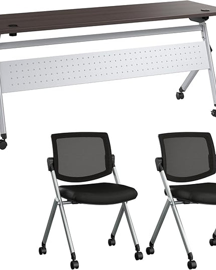 Bush Business Furniture Folding Training Table Set for 2, 72 inch Desk with Powered Grommets and 2 Chairs, Commercial-Grade Bundle for Office or Classroom, Envision Collection, Gray
