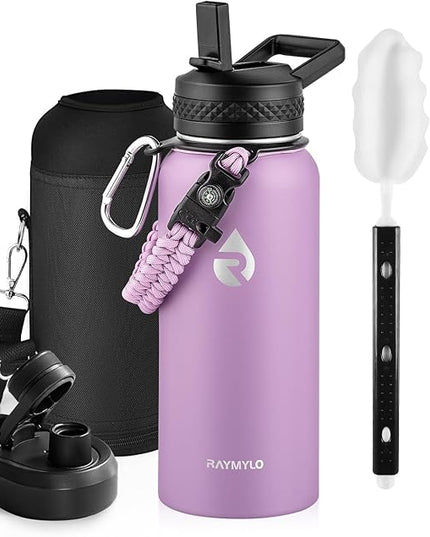 Insulated Water Bottle 32 oz, Triple Wall Vacuum Stainless Steel (Cold for 48 Hrs), Leak Proof & Non-BPA, Modern Water Flask Jug with Paracord Handle & Straw Spout Lids, Lilac