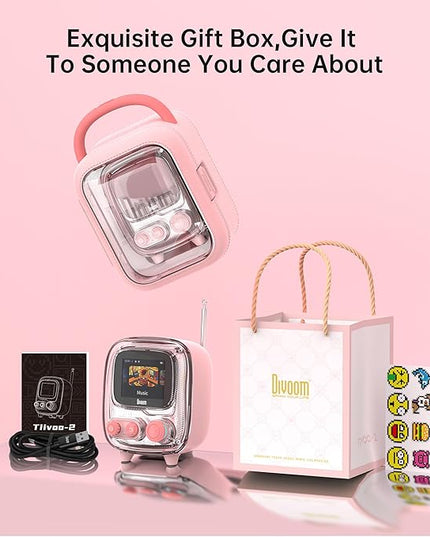 Divoom Tiivoo-2 Retro Bluetooth Speaker with FM Radio,Pixel Art Portable Mini Cute Wireless Small Speaker,Vintage Decor Suitable for Party Office Desk Home Bedroom Kitchen,Gifts for Women Men,Pink