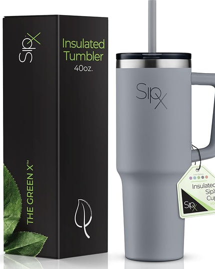 SIPX™ 40 oz Insulated Tumbler with Handle & Straw – Vacuum Insulated Stainless Steel, Leakproof, Cupholder Friendly – Perfect for Iced Coffee, Water & Travel – Grey