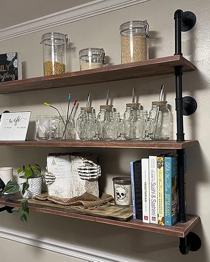 Floating Shelves,Wall Mounted Rustic Wood Shelf,Pipe Shelves,Industrial Pipe Shelving with Real Wood Planks 48 inch Industrial Wall Shelves Hanging Bookshelf Farmhouse Kitchen Bar Shelving
