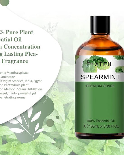 Spearmint 3.38fl.oz Essential Oil, PHATOIL Pure Aromatherapy Oils for Diffuser, Humidifier, Perfect for DIY Soap, Candle, Bath Bombs Making(100ml)